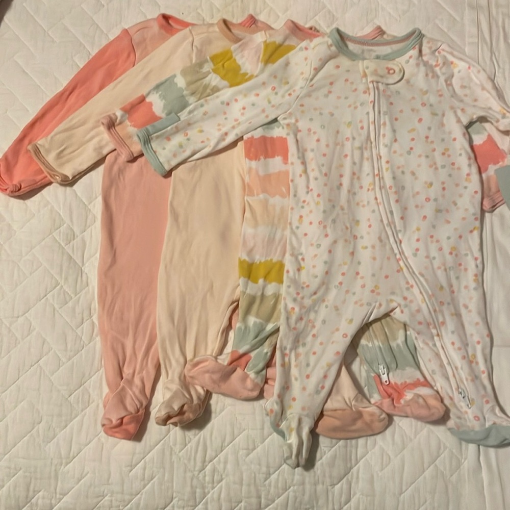 Set of four cloud Island 0 to 3 month bottom to top zipper cotton onesies.